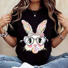 Camisetas con estampado 100% algodón [Camiseta 100% algodón] Linda camiseta de conejito de Pascua, camiseta con estampado de conejo colorido con gafas de corazón y chicle, camiseta casual de manga corta con cuello redondo, conjunto de primavera-verano, top de talla grande, estilo Y2K retro vintage, ropa urbana de hombros caídos, unisex, para mujer y hombre, para uso diario en festivales, 100% algodón. - Negro - Ver 1