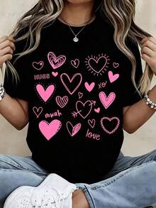 Camiseta de manga corta con cuello redondo para mujer, con estampado de corazones, transpirable y que no provoca sudoración, suave y lisa, de alta calidad, adecuada para deportes y fitness, uso diario, vacaciones, oficina, escuela, fiestas y otras ocasiones diversas. - Negro - Ver 7