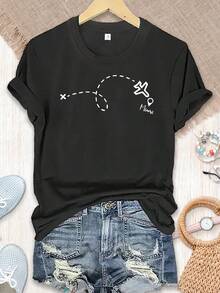 Camiseta manga corta cuello redondo 100% algodón, estampado trendy, tejido ligero y ventilado, estilo moda casual, apta para vida diaria, salidas informales y citas en primavera, verano y otoño - Negro - Ver 7