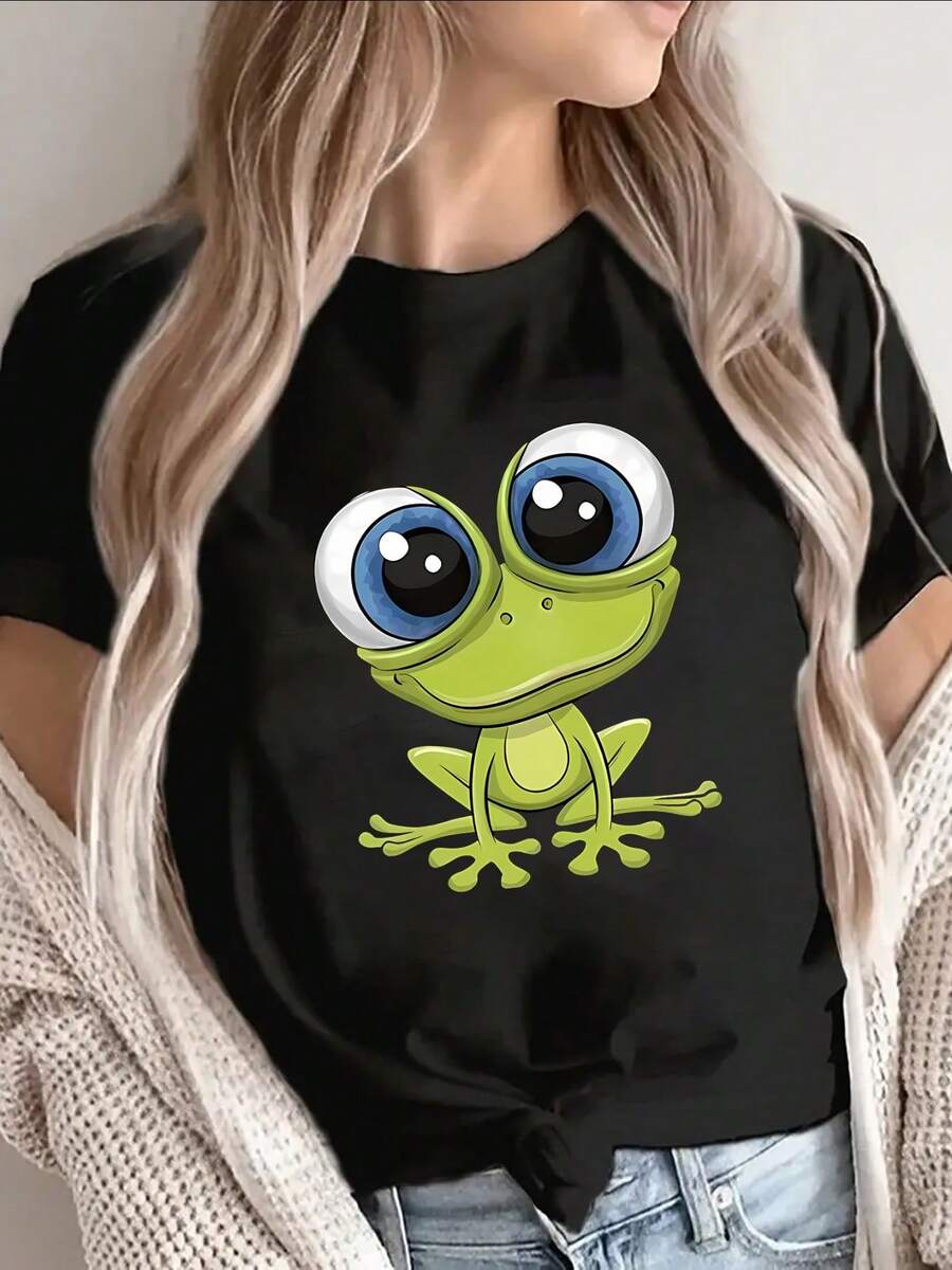 Camiseta de manga corta con estampado de rana adorable, ligera y duradera para uso casual en el hogar, restaurante o exteriores, ajuste cómodo para el uso diario