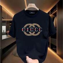 Nueva camiseta de verano de algodón puro para hombre, estilo casual estampado americano, marca de moda, hombros regulares, corte holgado, versátil, camisetas de manga corta a la moda. - Negro - Ver 1
