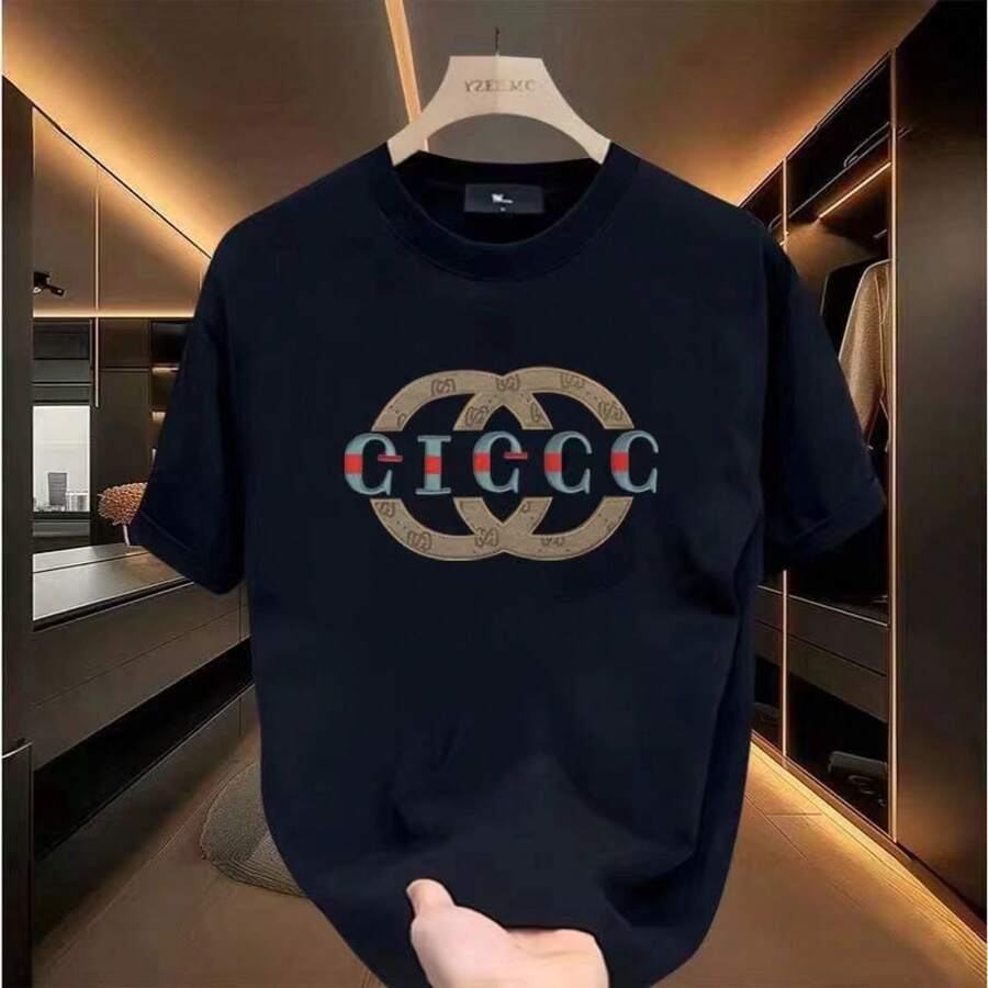 Nueva camiseta de verano de algodón puro para hombre, estilo casual estampado americano, marca de moda, hombros regulares, corte holgado, versátil, camisetas de manga corta a la moda. - Negro - Ver 1
