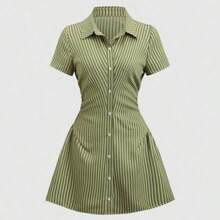 Sweetro Sweet & Fresh Pink Short Sleeve Shirt Dress, Waist Cinched Slimming Stylish Blouse Dress For Summer - Verde Oliva - Ver 1