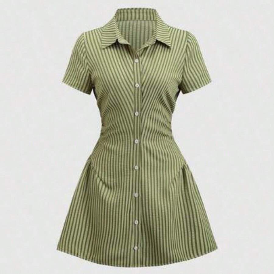 Sweetro Sweet & Fresh Pink Short Sleeve Shirt Dress, Waist Cinched Slimming Stylish Blouse Dress For Summer - Verde Oliva - Ver 1