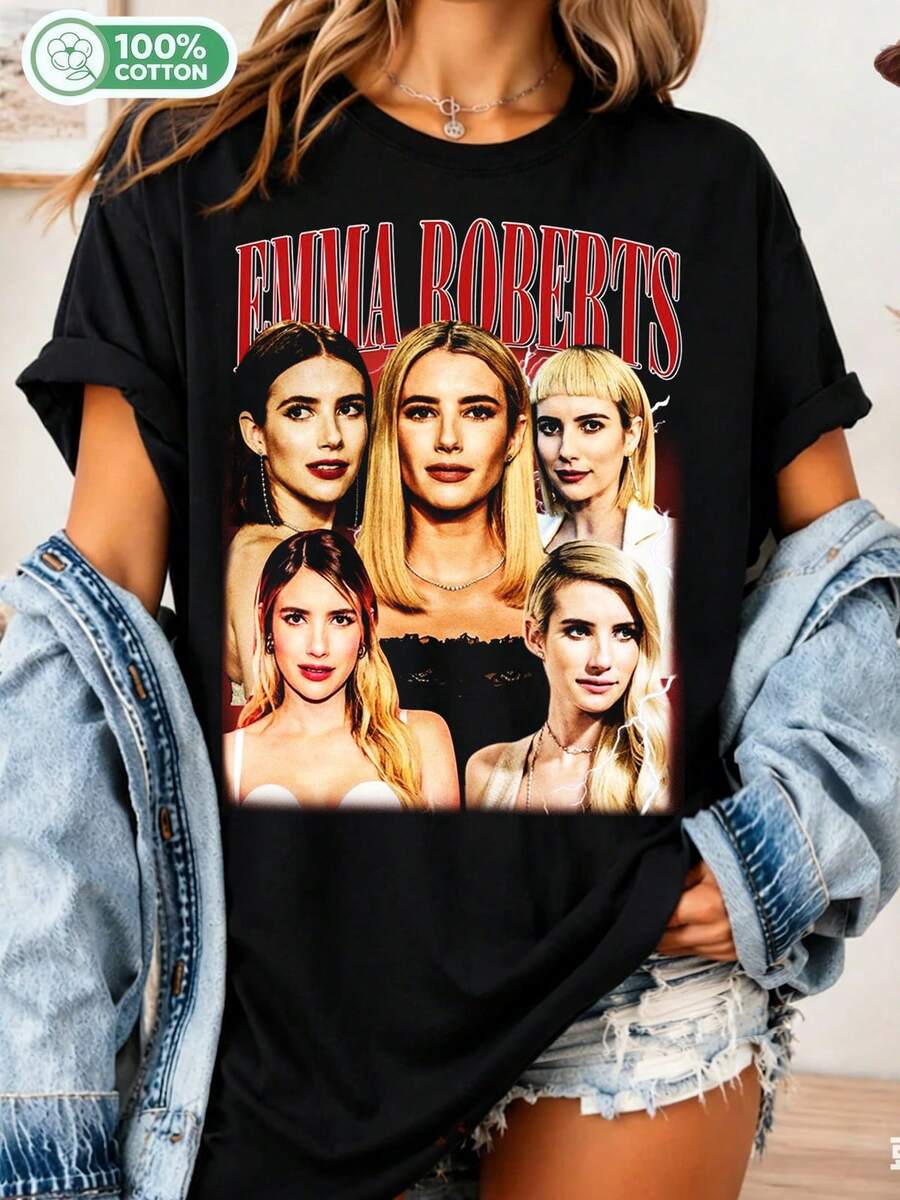 Vintage Emmas Roberts T-Shirt, Retro Celebrity Graphic Tee, 90s Style, Unisex Top For Fans_............___ - Black - View 1