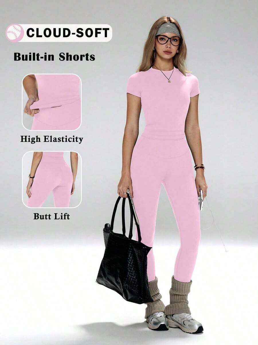 Conjunto de yoga para mujer, pantalones deportivos de cintura alta, conjunto deportivo moldeador de 2 piezas, conjunto de yoga con control de abdomen, camiseta de cuello redondo ajustada emparejada con pantalones de yoga de cintura alta, conjunto esen - Rosa - Ver 1