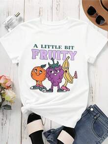 Women's Casual T-Shirt, Loose Fit, Round Neck, Short Sleeve, Cartoon Fruit Print, For Daily Wear, Summer Clothes, 100% Cotton, Durable - 白色 - 查看 3