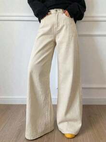Jeans casuales de mujer de pierna ancha, unicolor, con bolsillo cargo suelto - Beis - Ver 6