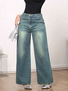 Jeans de pierna ancha de talle medio vintage para mujer - Uso casual elegante sin estiramiento - verde menta - Ver 5