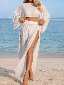 Nevyona Conjunto de dos piezas de cubrecuerpo casual de manga larga y abertura para mujer, color blanco - Blanco - Ver 4