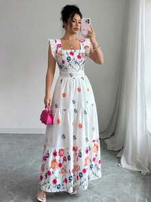 Vestido informal largo con diseño de cuello cuadrado, mangas de campana y cintura ceñida con estampado multicolor, ideal para vacaciones - Multicolor - Ver 1