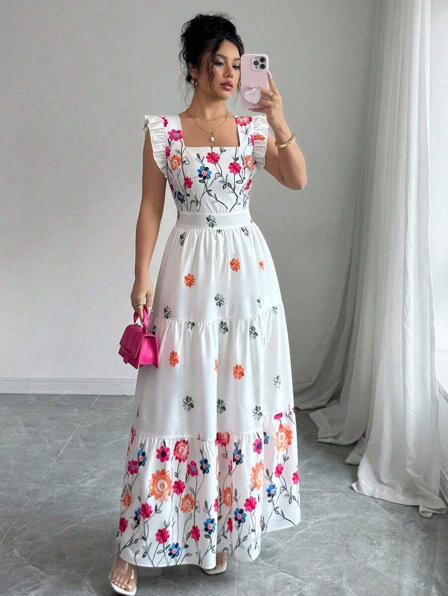 Vestido informal largo con diseño de cuello cuadrado, mangas de campana y cintura ceñida con estampado multicolor, ideal para vacaciones - Multicolor - Ver 1