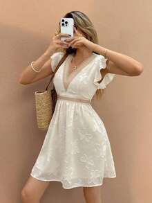 Frenchy Vestido corto de mujer con escote en V, manga con volantes, encaje de parche y tejido jacquard calado para vacaciones/fiesta - Albaricoque - Ver 6