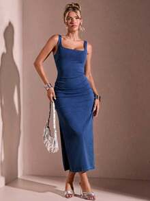 Vestido de mezclilla sin mangas de unicolor y estilo casual para uso diario de mujeres - Azul lavado medio - Ver 3