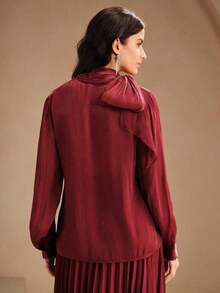 Blusa elegante y chic de cuello alto, manga larga y puños con lazo para uso diario - Burdeos - Ver 2