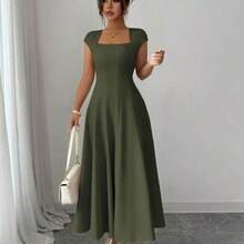 Women's Elegant Solid Color Square Neck Waist Tie Splice Flared A-Line Short Sleeve Midi Dress, Suitable For Commute, Beach, Vacation, Music Festival, Beer Festival In Spring And Summer - Verde militar - Ver 1