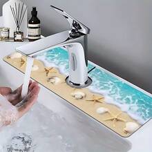 1 pieza Alfombrilla de grifo con diseño de tema oceánico, de poliéster duradero, de secado rápido y fácil limpieza, adecuada para cocina y baño, fácil instalación, decoración diaria, regalo, alfombrilla de baño, alfombrilla de grifo duradera, accesorio de grifo - Multicolor - Ver 3
