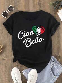 Camiseta moderna y minimalista Ciao Bella, una camiseta casual versátil con estampados de corazones en verde, blanco y rojo. - Negro - Ver 5
