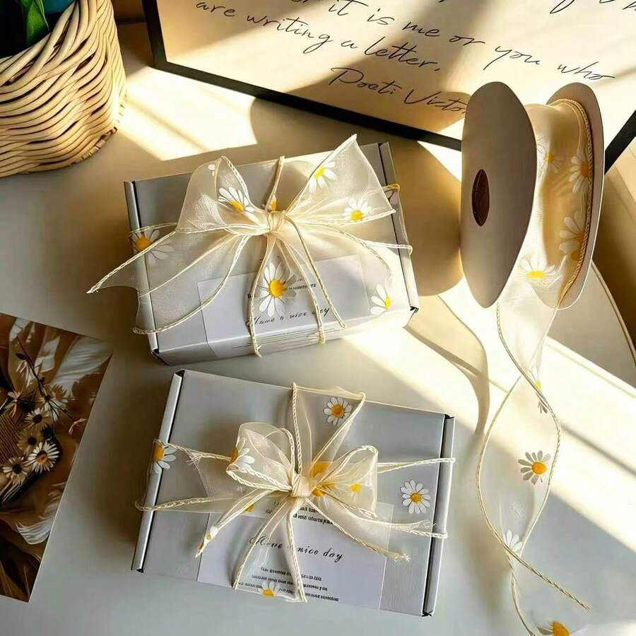 1PC 200cm Korean Daisy Chiffon Ribbon, Suitable For Gift Wrapping And Handmade Crafts, Made Of Lightweight Transparent Fabric, Printed With Delicate Daisy Floral Pattern - Nordic Warm Beige - View 1