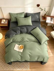 New Solid Color Patchwork Nordic Style Simple Polyester Duvet Cover 3 Pieces Set - Olive Green - View 5