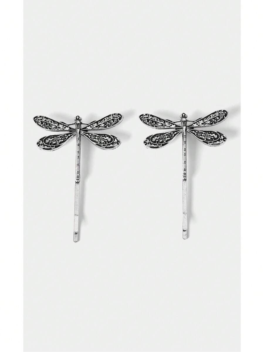 Noxbound 2 pièces Élégant style vintage de la cour Clips pour cheveux en métal en forme de libellule, accessoires pour cheveux en alliage de 5 cm/1,97 po, convenant pour le port quotidien, le maquillage, le bain, les déplacements, les vacances, les sorties, l'école, les fêtes, les festivals, les cadeaux. Pinces plates, pinces à pression, barrettes, pinces à cheveux, accessoires pour la tête, épingles à cheveux - Argent ancien - Voir 1
