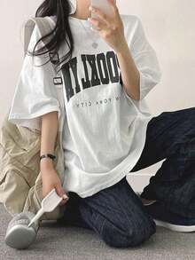 Oversized Urban Style T-Shirt With Graphic Letter Print And Dropped Shoulders - White - View 5
