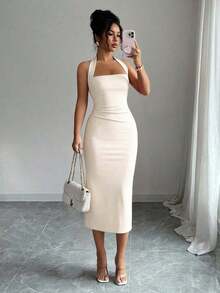 Vestido de mujer de longitud media elegante, adecuado para vacaciones, reuniones diarias, fiestas y eventos de cóctel de verano - Albaricoque - Ver 2