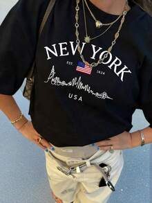 Women's Summer Short-Sleeved T-Shirt With Slogan Print, Loose Fit And Round Neck, Fashionable Holiday Wear, Suitable For Everyday Wear And Vacation, Black Color - 黑色 - 查看 4