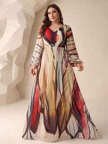 SUPGIR [Random Floral Watercolor Print] V-Neck Digital Printed Lantern Sleeve Elegant Chiffon Dress - Multicolor - View 3