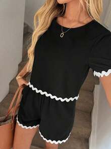 Conjunto de 2 piezas de top de manga corta con cuello redondo a cuadros y shorts casuales para mujer, de verano - Negro - Ver 5