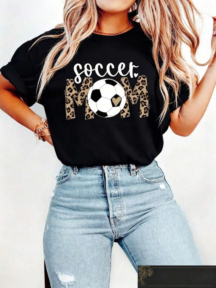 Comfortable Retro T-Shirt For Soccer Mom, Mother's Day T-Shirt, Sweatshirt For Sporty Mom, Mother's Day Gift, Crew Neck T-Shirt For Soccer Mom, Match Day Outfit - 黑色 - 查看 1