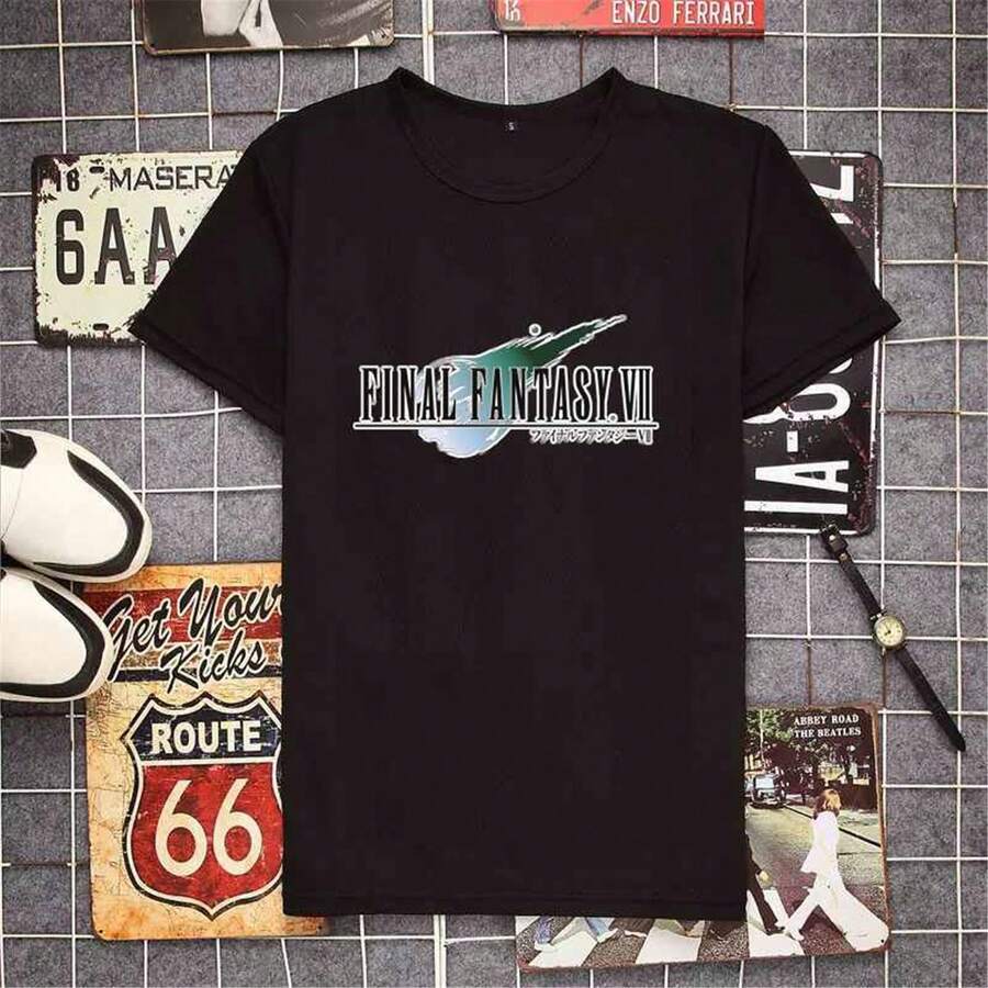 Camiseta informal de manga corta para mujer con estampado VII, cuello redondo, tejido de punto con ligera elasticidad para uso diario. - Negro - Ver 1