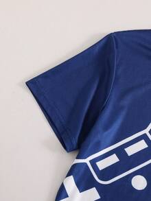 Conjunto de pijama de 2 piezas para niños de verano, azul oscuro minimalista con estampado de mando de juego/letra en blanco, manga corta + pantalones cortos, tela suave, ropa de estar en casa con tema de consola de juegos - Azul Marino - Ver 5