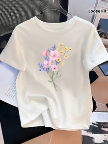 Camiseta manga corta cuello redondo 100% algodón, estampado trendy, tejido ligero y ventilado, estilo moda casual, apta para vida diaria, salidas informales y citas en primavera, verano y otoño - Blanco - Ver 1