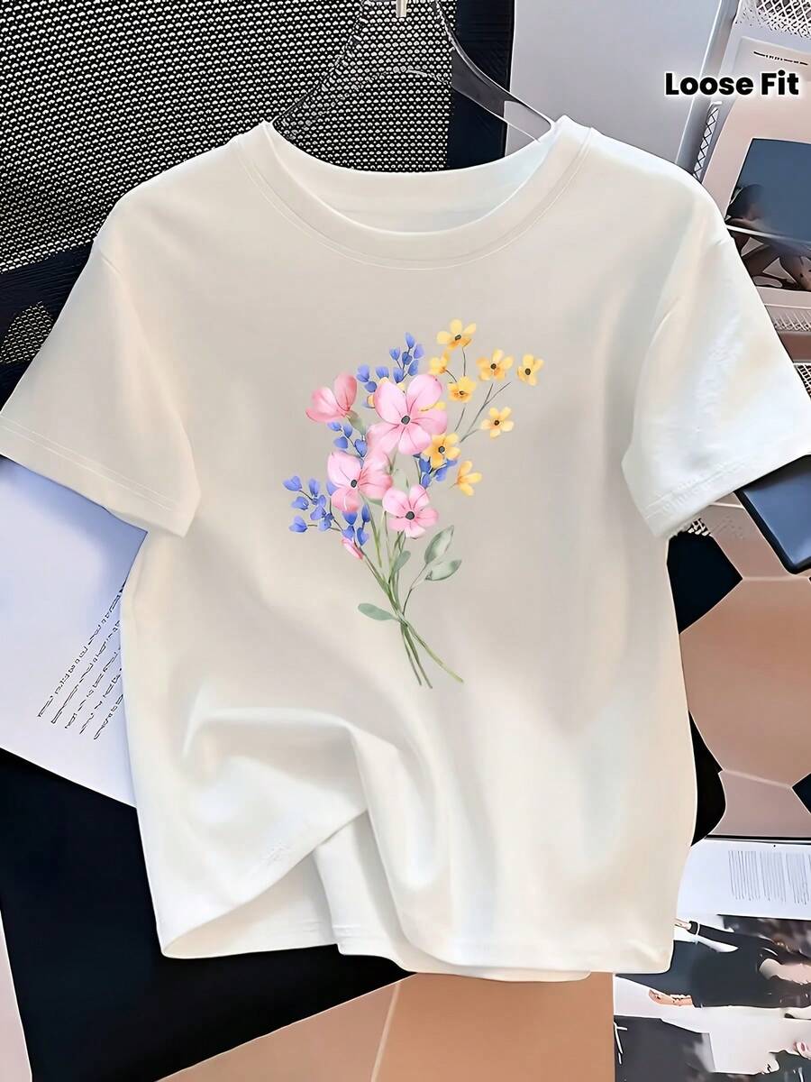 Camiseta manga corta cuello redondo 100% algodón, estampado trendy, tejido ligero y ventilado, estilo moda casual, apta para vida diaria, salidas informales y citas en primavera, verano y otoño - Blanco - Ver 1