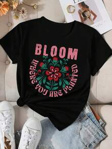 Camiseta de talla grande para mujer con diseño floral, top casual de manga corta y cuello redondo, ligera y transpirable, adecuada para primavera y verano, lavable a máquina, estilo cómodo - Camiseta unisex de algodón suelto de manga corta y cuello redondo estilo vintage urbano, blusas para mujer. blusas.blusas casuales para dama. - Negro - Ver 6