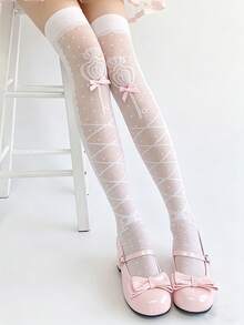1 đôi tất dài quá đầu gối dễ thương kiểu JK Lolita in họa tiết nơ, mỏng, chất liệu lụa băng, thích hợp mặc hàng ngày trong mùa hè. - trắng - Xem 6