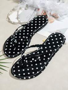 Spring/Summer New Women's Round Toe Flat Flip Flop Sandals With Polka Dot Design, Beach Home Outdoor Casual Slippers - Black - View 6