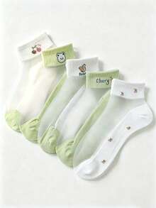 5 pares/10 pares de calcetines cortos de verano con diseño de oso de dibujos animados en verde, calcetines de barco finos, transpirables y antideslizantes de seda cristalina - Multicolor - Ver 4