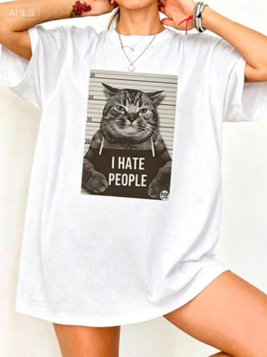 Oversized T-Shirt With "I Hate People" Cat Print, 100% Cotton, Fun And Sarcastic, Vintage Wash Black, Urban Style, Casual Short Sleeve - 白色 - 查看 1