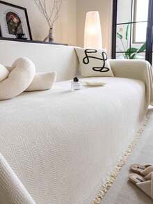1pc Solid Color Sofa Slipcover, Sofa Blanket, Chenille Sofa Protector, Suitable For All Seasons, Bedroom And Living Room, Home Decor - Beige - View 10