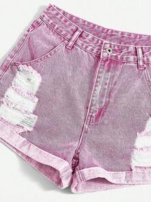 Shorts en mezclilla desgarro crudo bajo de doblez - Rosa - Ver 4