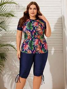 Swim Lushoire Conjunto de protector solar para mujer de talla grande con impresión de plantas tropicales en contraste para la playa de verano - Azul marino - Ver 3