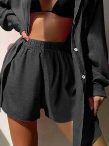Swim Vcay Set cover up unicolor con botón delantero - Negro - Ver 4
