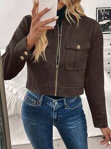 Chaqueta corta de carga de mujer con botones metálicos decorados, cálida y gruesa, adecuada para otoño/invierno - Marrón - Ver 3