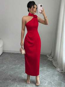Elegante y sexy vestido ajustado tipo ajustado con hombros oblicuos de satén francés, cuello con flor 3D, cintura con fruncido y volante - Rojo 2 - Ver 6