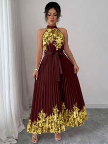 Vestido holgado de verano elegante con estampado floral y cuello halter para mujer - Multicolor 2 - Ver 7