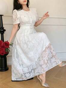 Vestido elegante de encaje de alta calidad con cintura ajustable, bordado, de estilo coreano suave y elegante - Blanco 2 - Ver 9