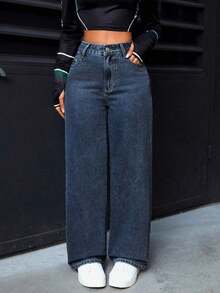 PETITE Jeans rectos de pierna suelta y lavados para mujer - Azul lavado oscuro 3 - Ver 2