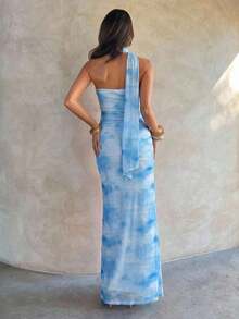 Vestido de mujer elegante y sexy con estampado floral de malla - Celeste - Ver 5